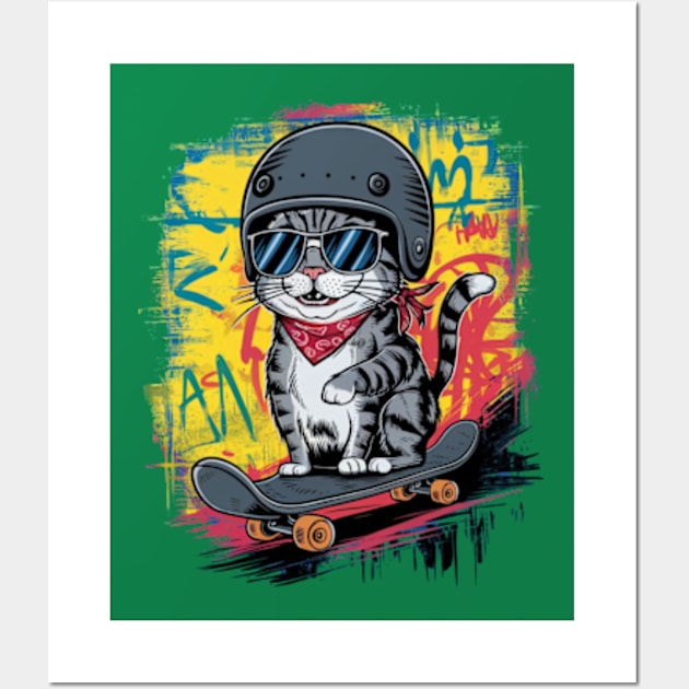 A unique and fun design featuring a stylish cat wearing a helmet and skateboarding Wall Art by YolandaRoberts